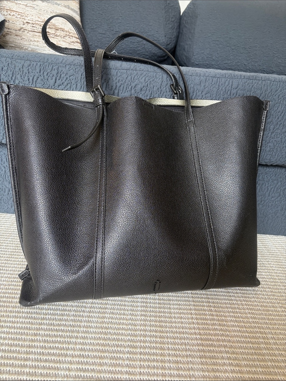 Structured Black Pebbled Leather Computer Work Tote with Top Handles